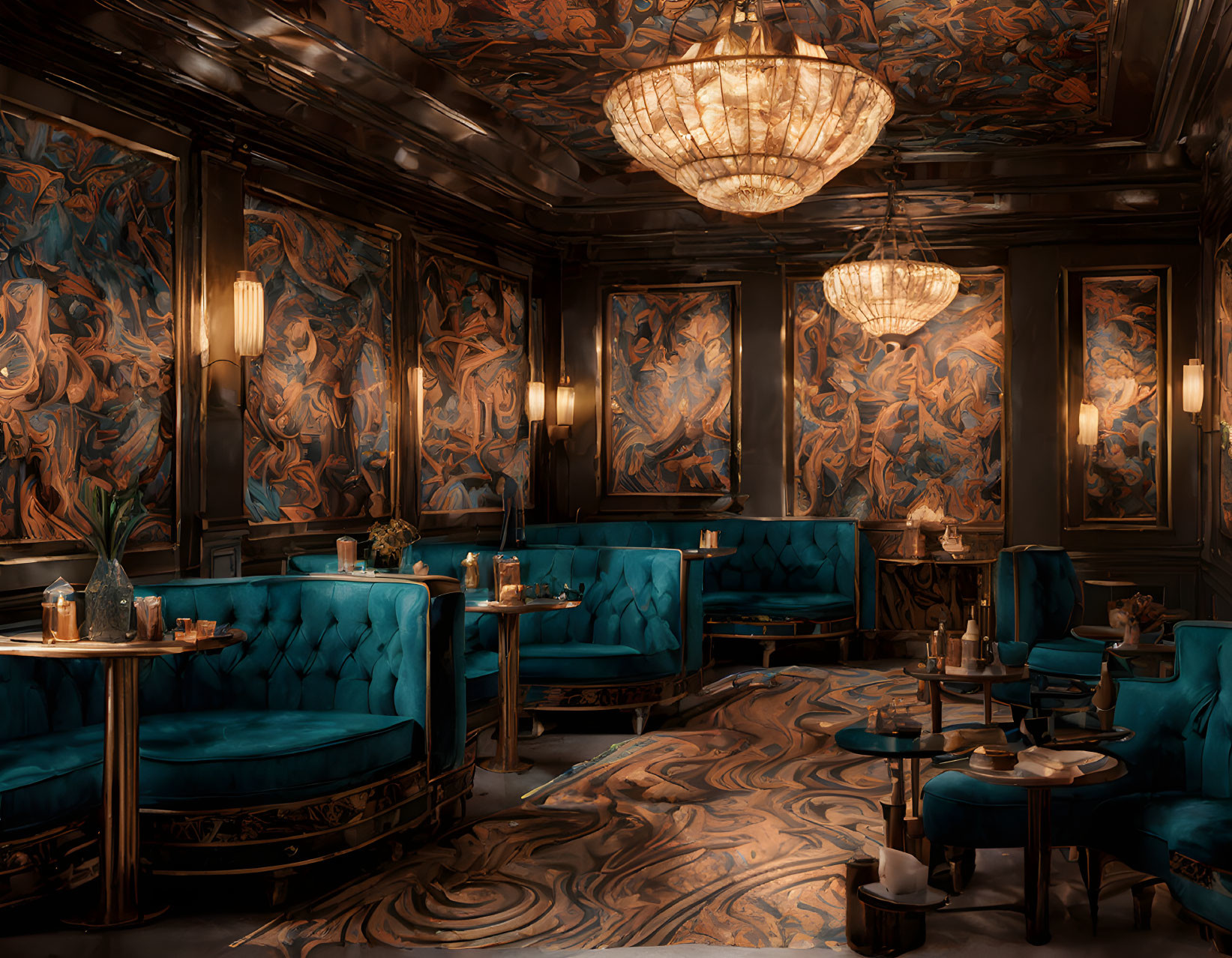 Luxurious Art Nouveau-style lounge with teal velvet seating, ornate chandeliers, intricate wall