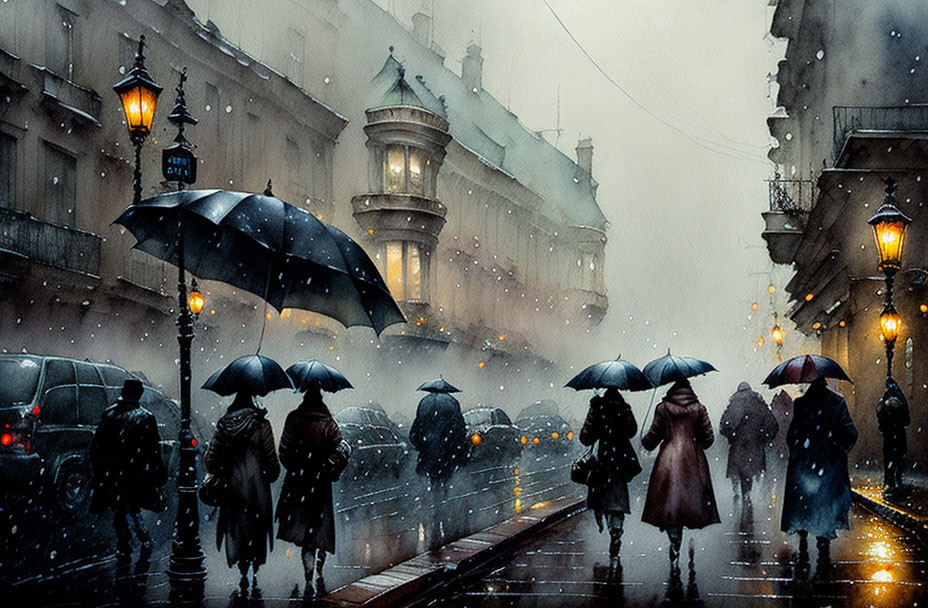 Rainy city street scene with people, umbrellas, vintage lamps, and cars in a painterly