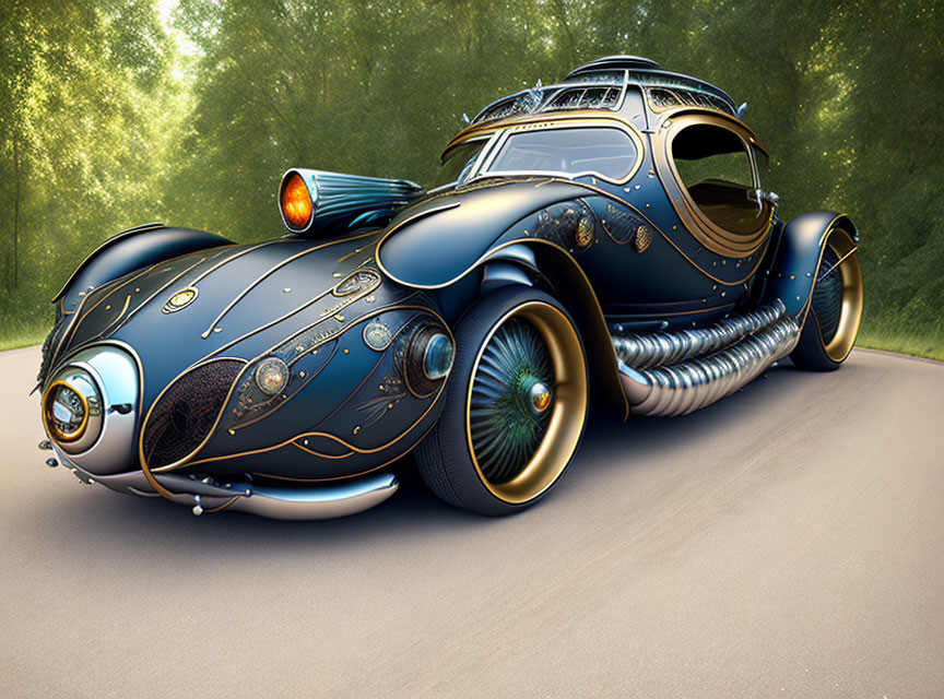 Futuristic art deco style car with black and gold body on forest road