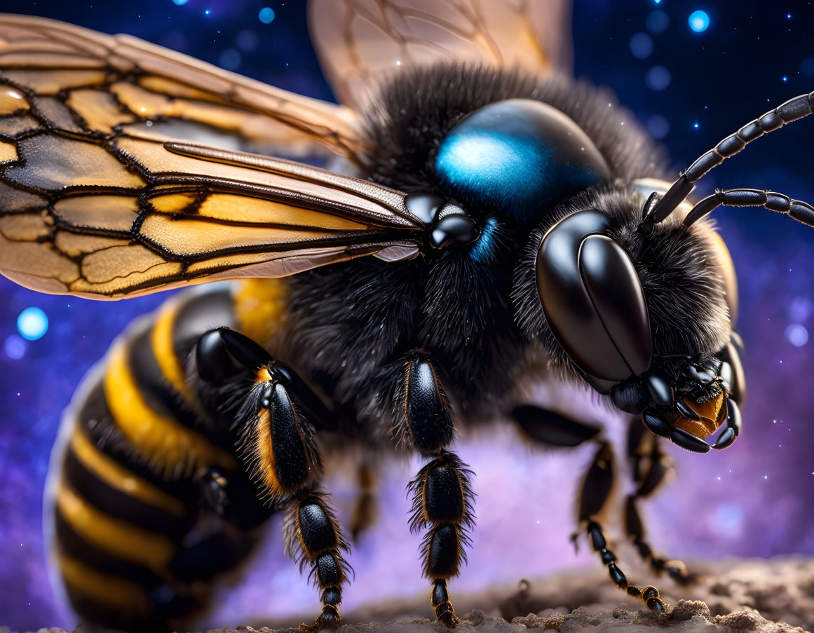 Detailed Close-Up of Bee with Translucent Wings and Vibrant Blue & Yellow Stripes