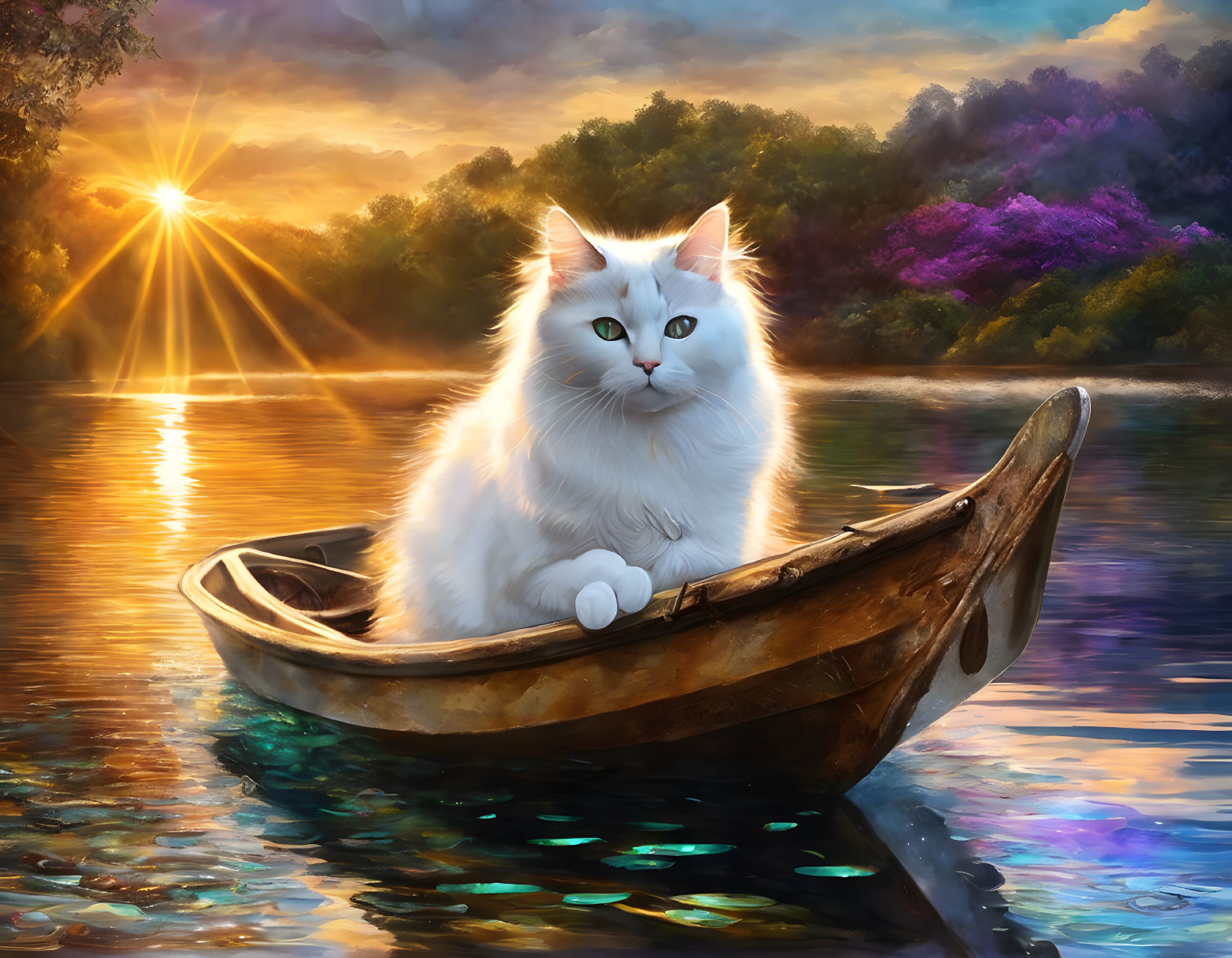 White Cat with Green Eyes in Wooden Boat on Tranquil Lake at Sunset