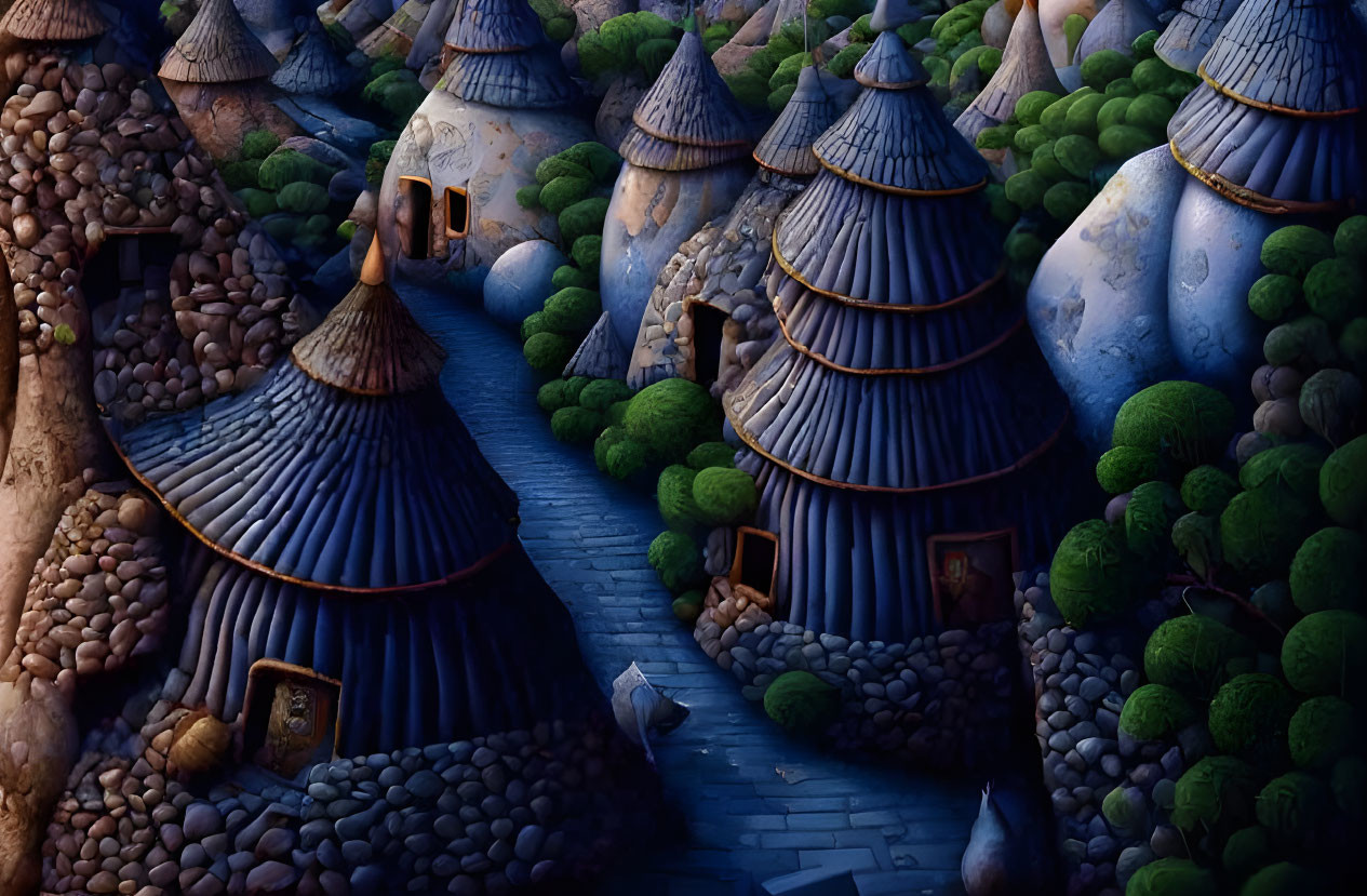 Whimsical fantasy village with cobblestone paths and round houses