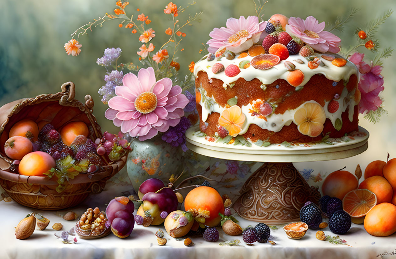 Colorful Fruit and Nut Cake with Floral Decorations