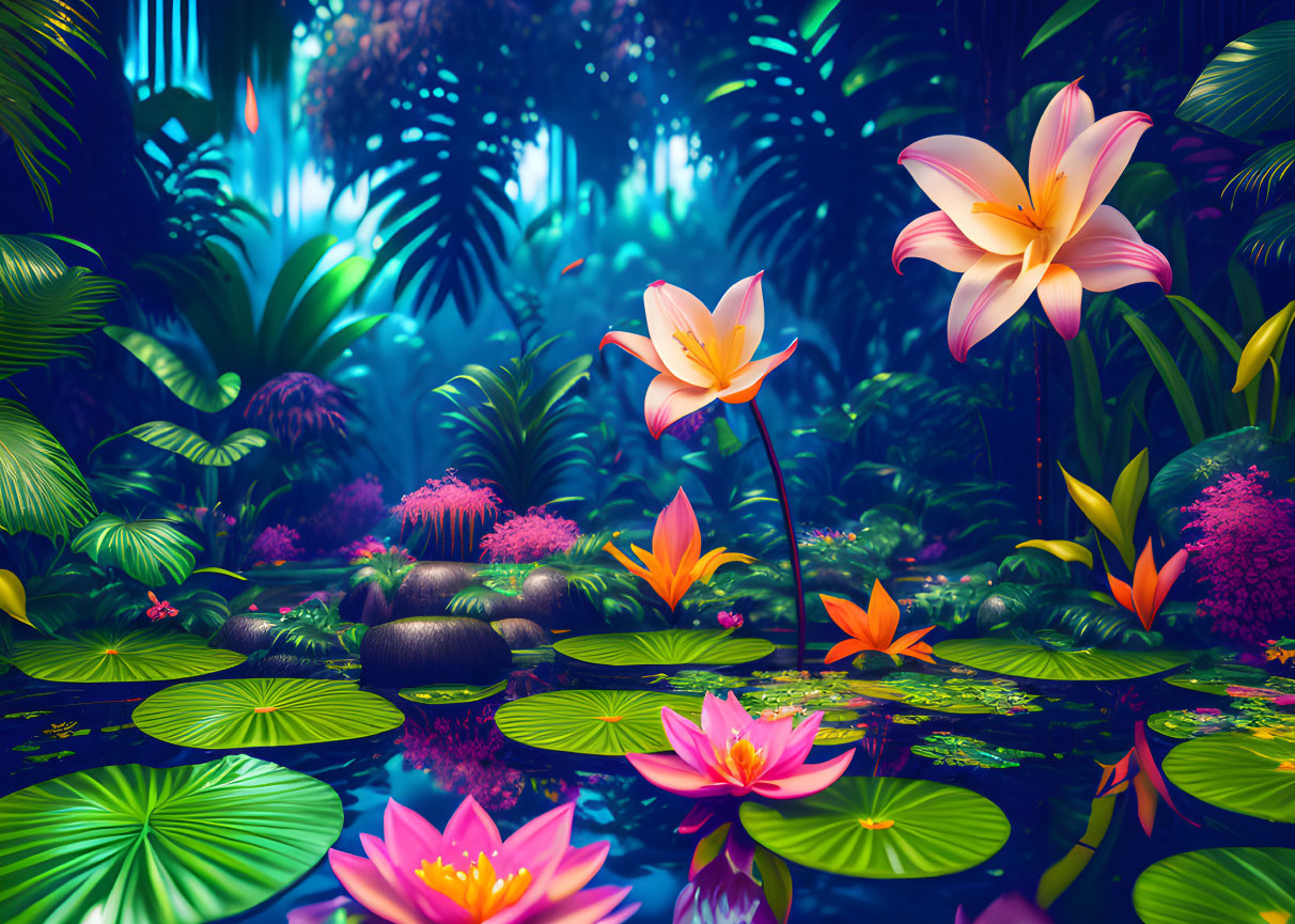 Mystical jungle scene with luminescent flowers and lily pads