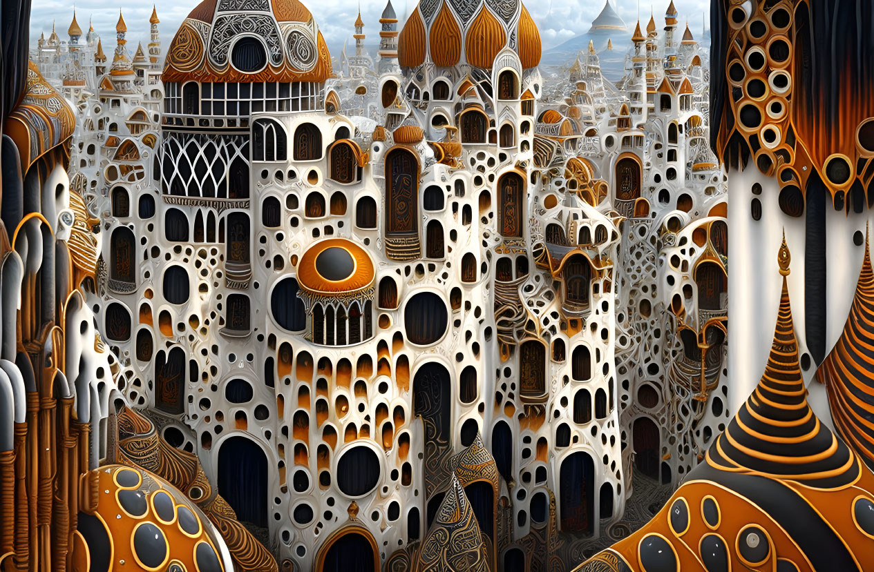 Fractal cityscape with patterned buildings in orange, white, and gray hues