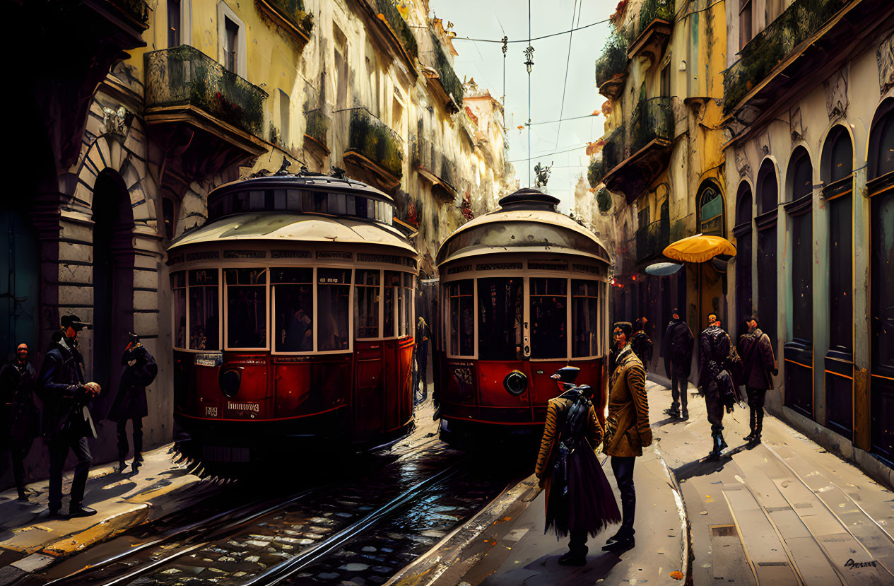 Vintage trams and pedestrians in old-fashioned attire on city street