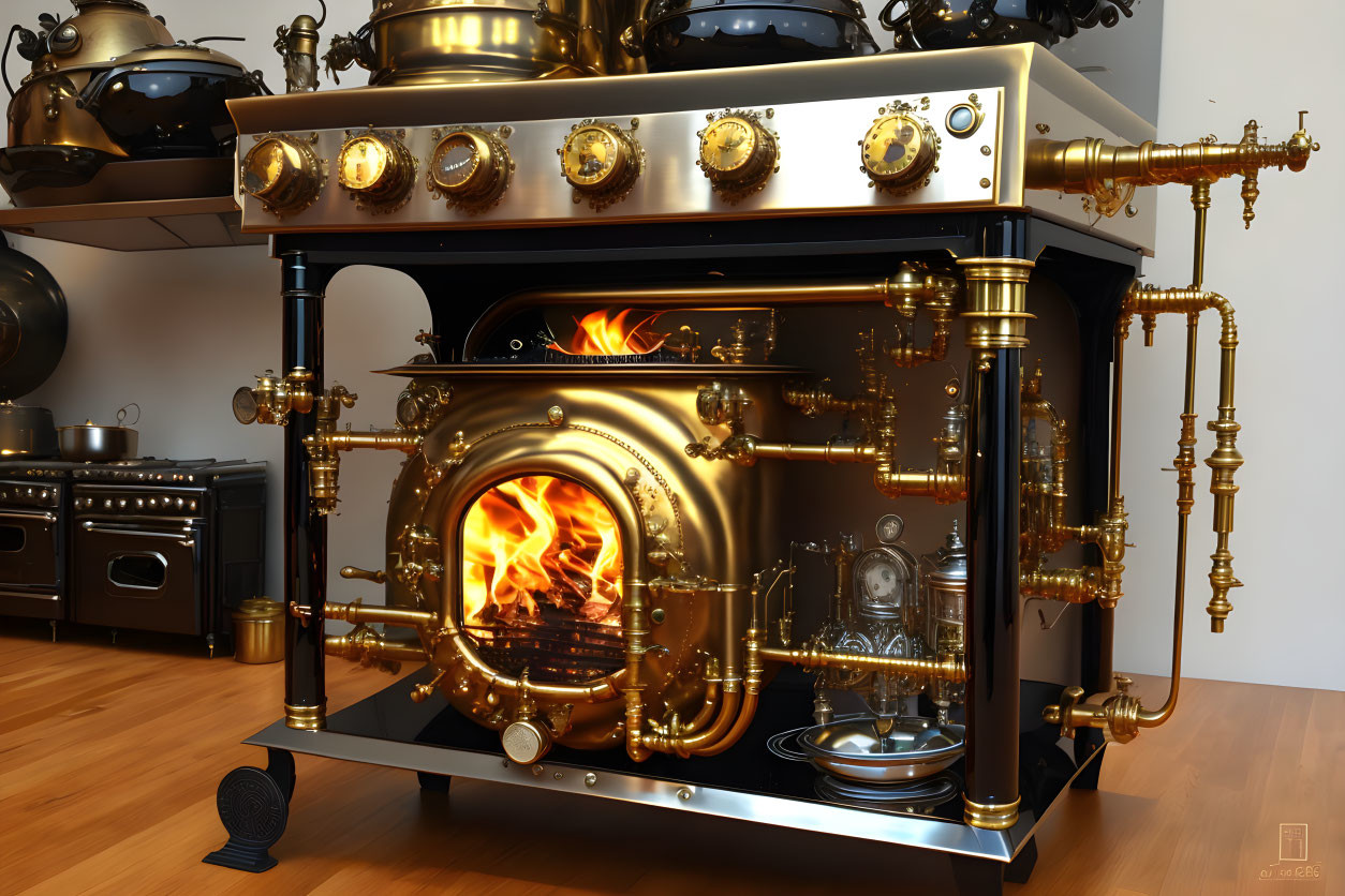 Vintage Kitchen Stove with Brass Details and Visible Fire in Cozy Interior