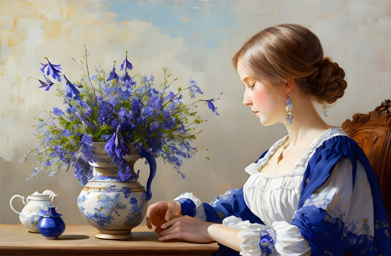 Classic Painting: Lady in Blue Dress with Blue Flowers and Pot