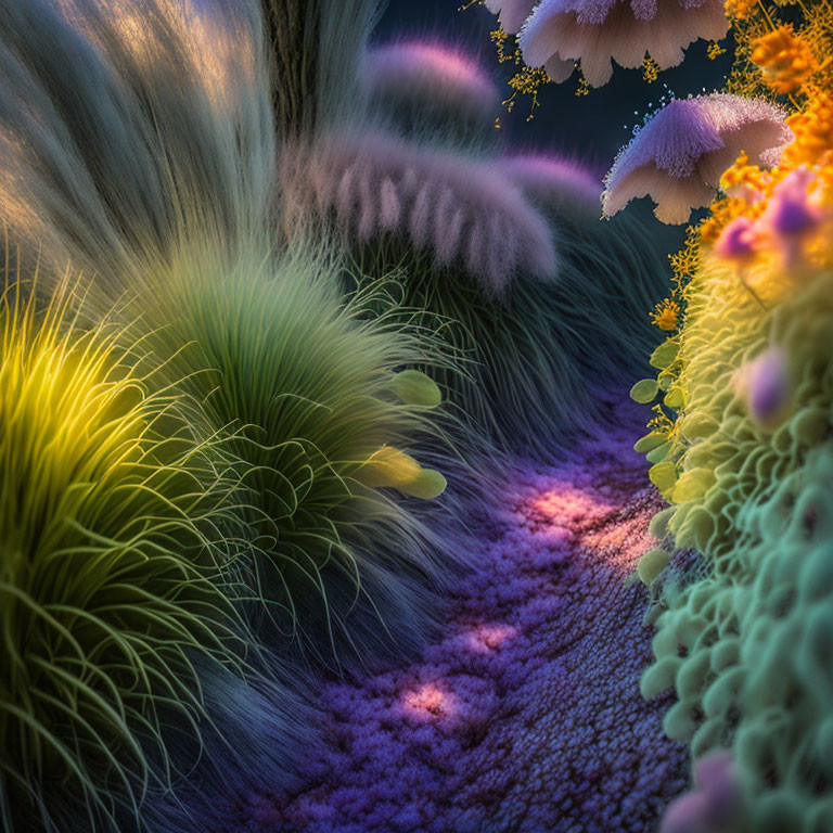 Colorful digital landscape with fantastical furry and spiky flora under mystical light