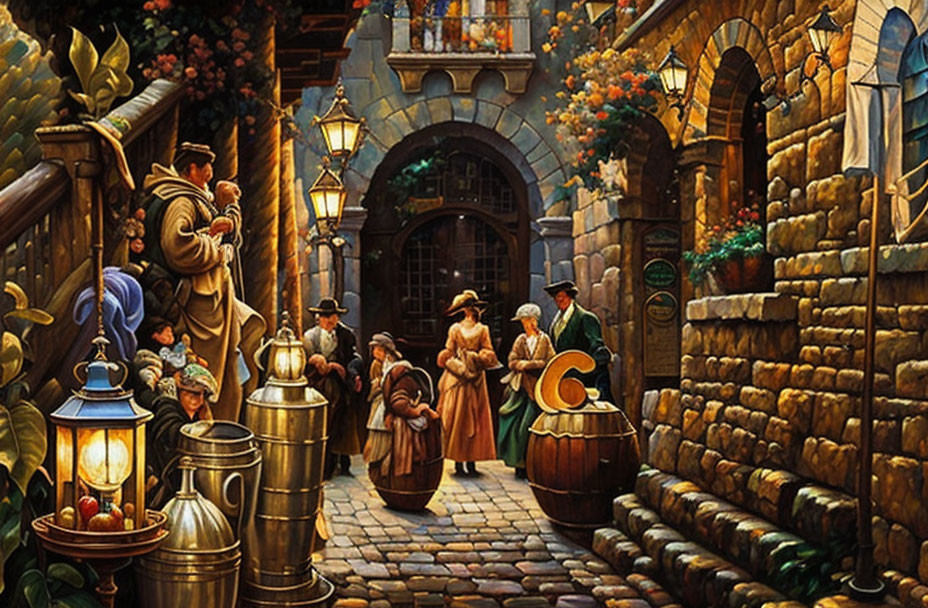 Nostalgic painting of people in vintage attire on cobblestone street