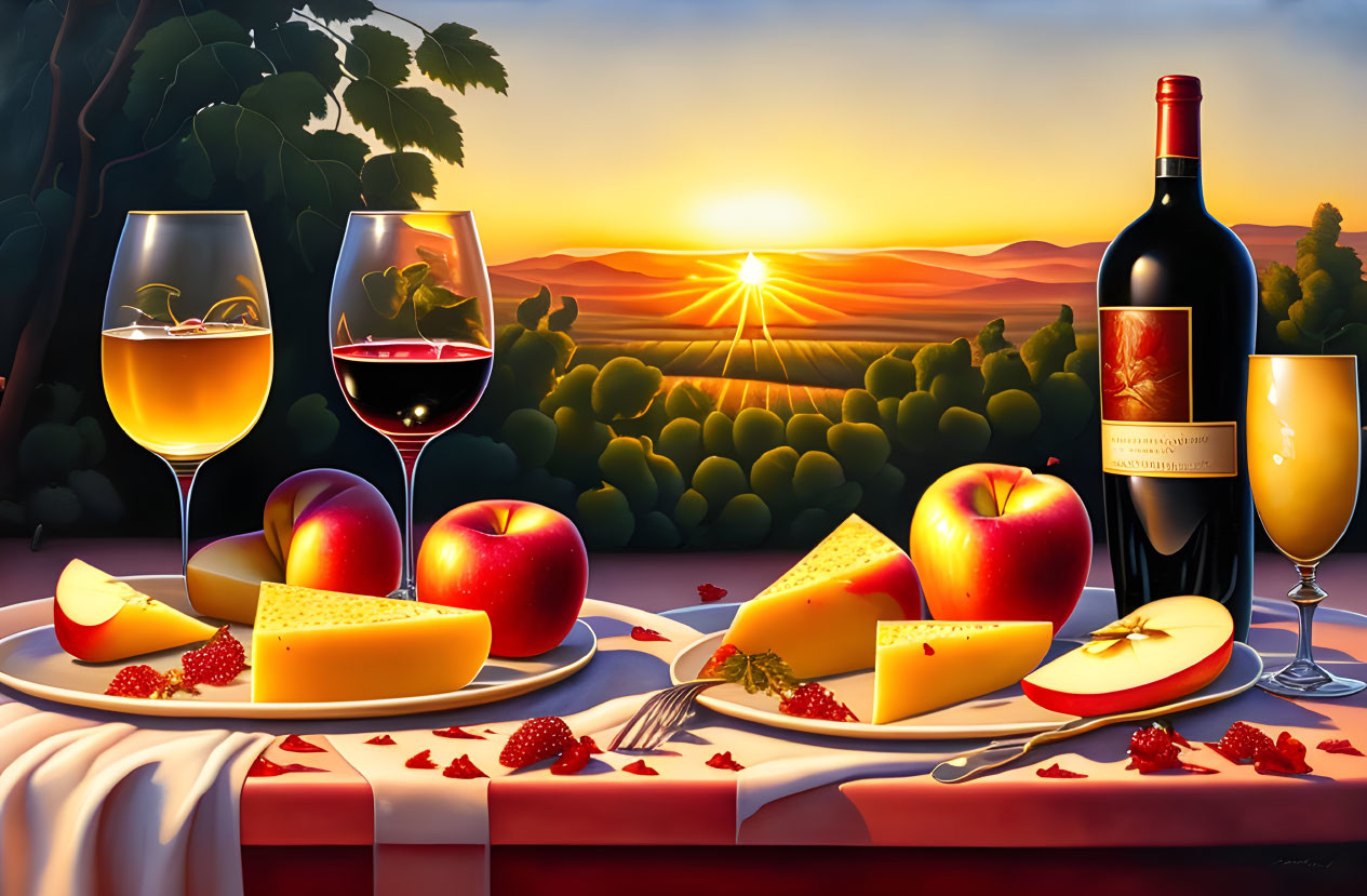 Scenic sunset view with picnic setup on checkered cloth