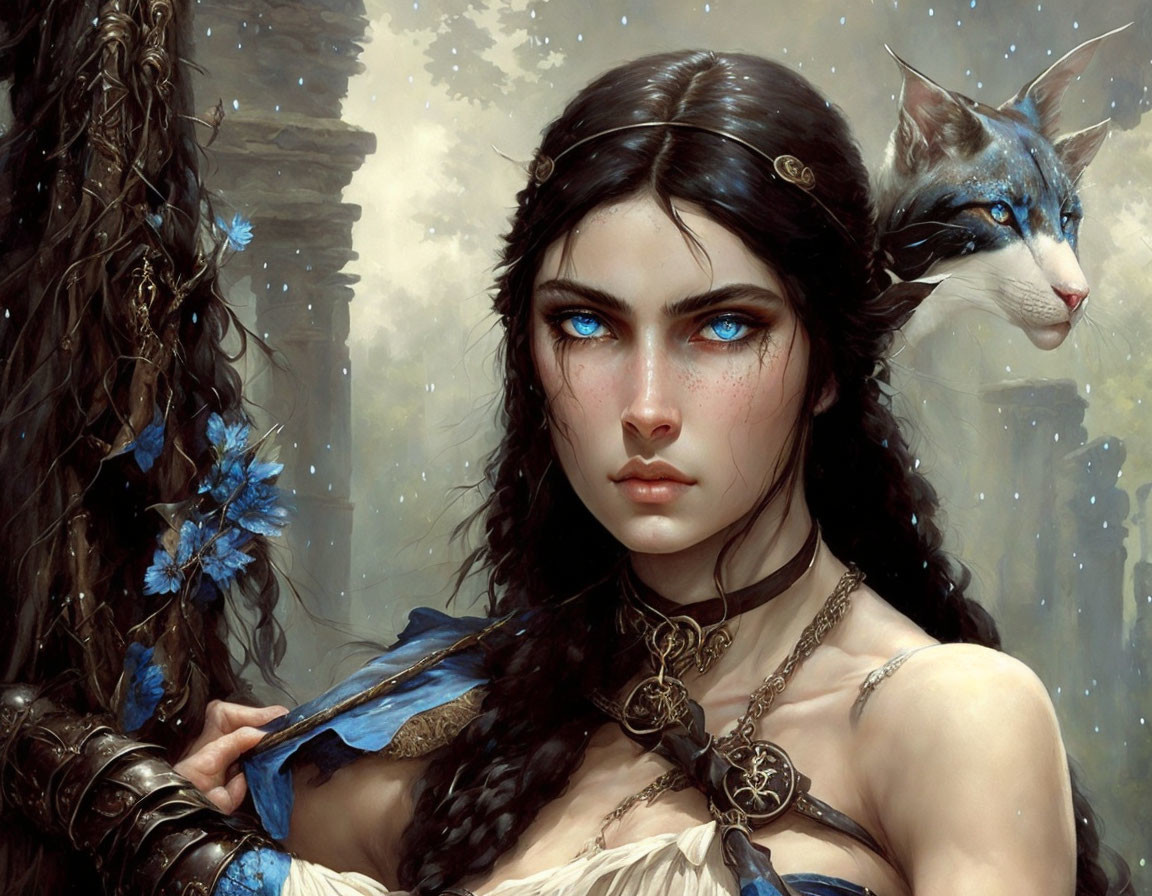 Fantasy portrait of woman and cat with striking blue eyes