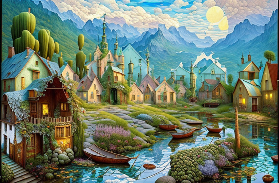 Fantasy village with quaint houses, lush greenery, boats, and moonlit mountains