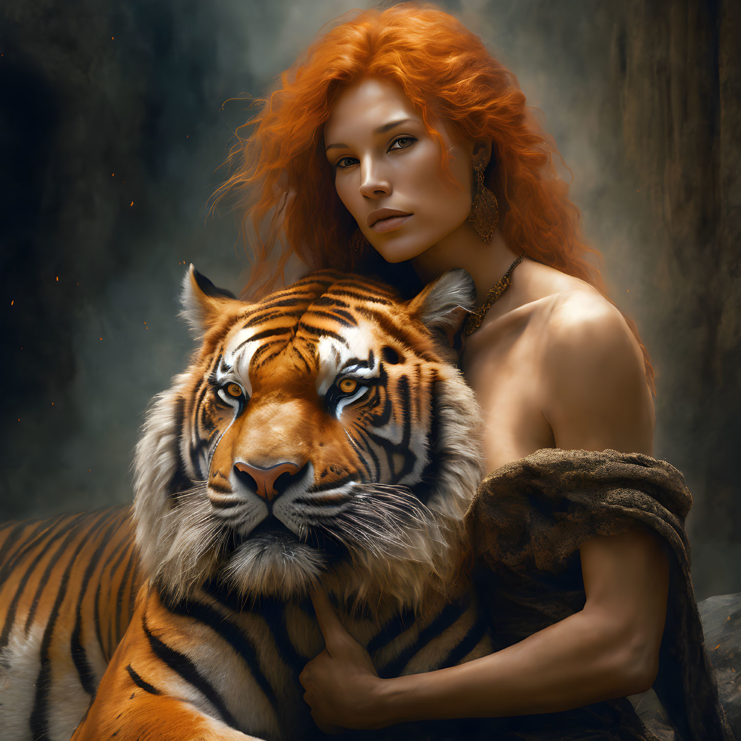 Red-haired woman in fur garment poses with tiger on dark background