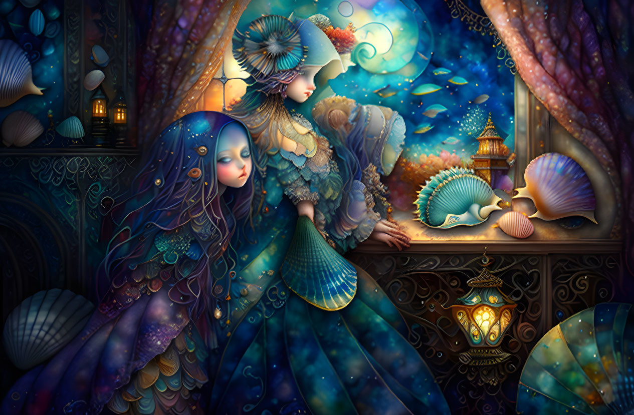 Fantasy illustration of elegant mermaid-like figures with shimmering tails and glowing lanterns.