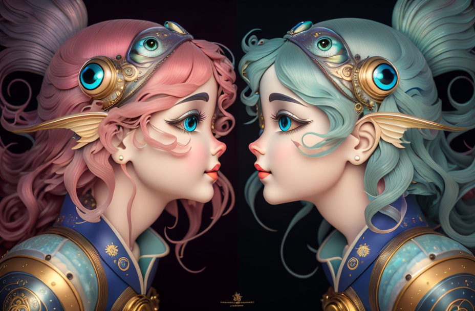 Two steampunk female characters with pink and blue hair, detailed headgear, and shoulder armor.