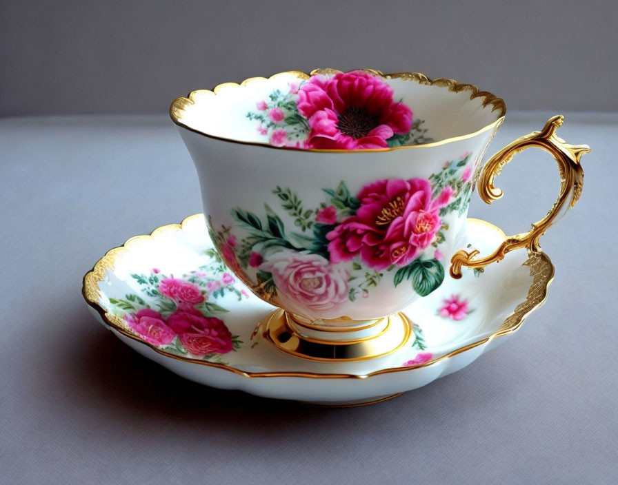 Porcelain teacup and saucer set with gold accents and floral design