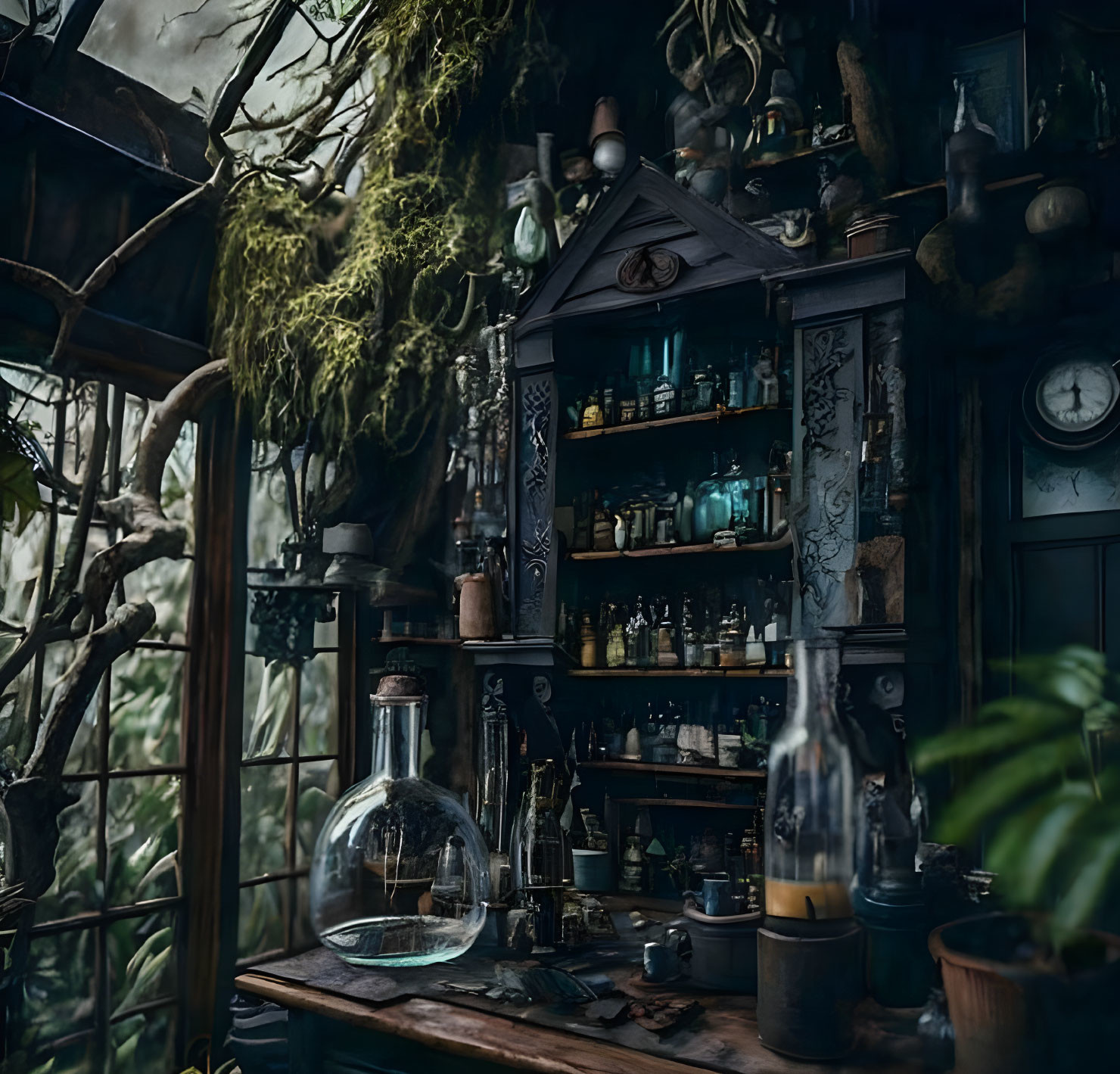 Mystical apothecary with vintage bottles and greenery