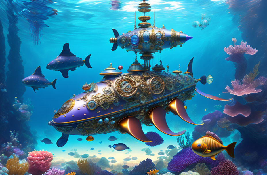 Steampunk-style submarine explores underwater world with gears and fish