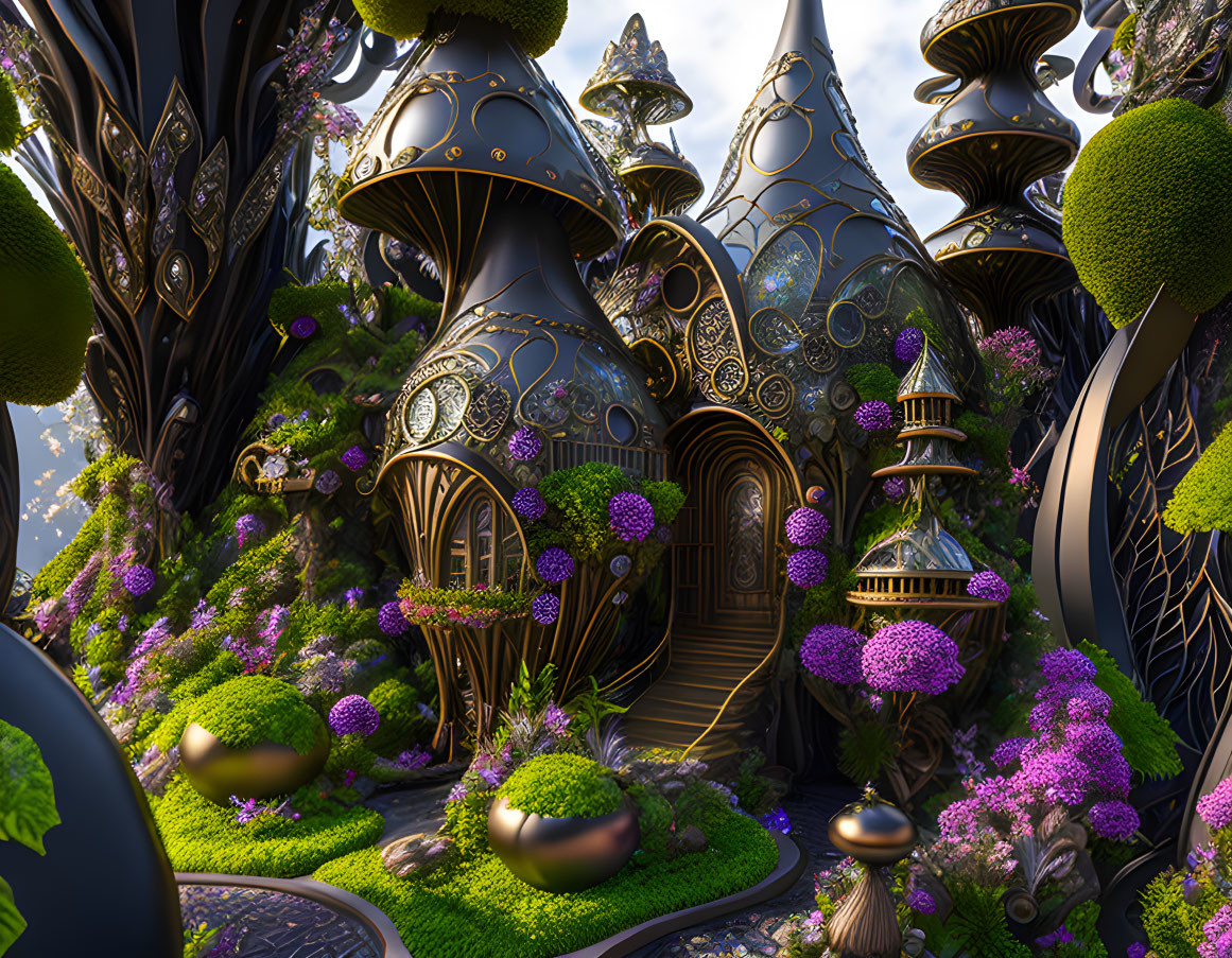 Fantastical landscape with mushroom-shaped structures and lush greenery