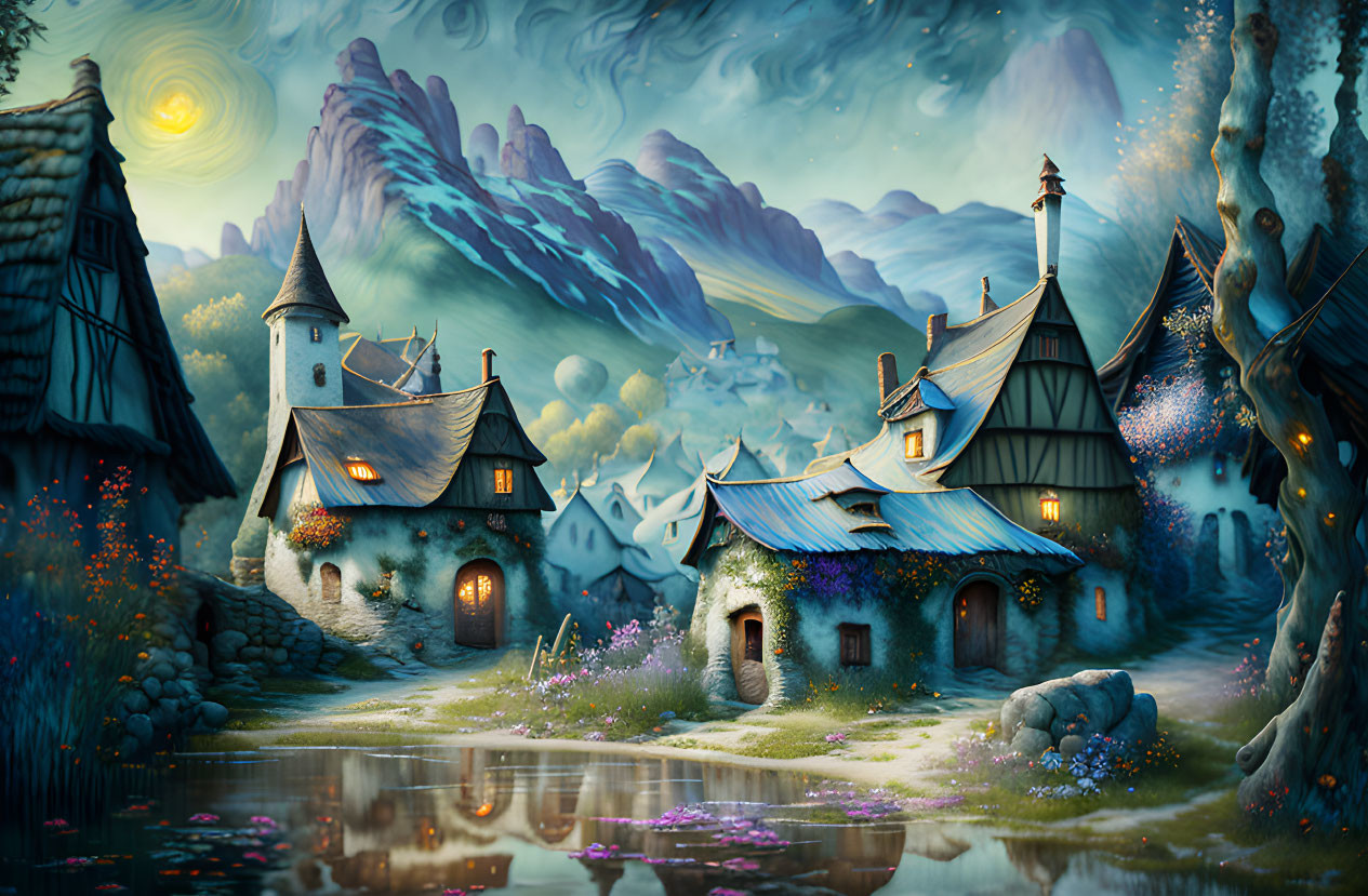 Fantasy village with whimsical cottages near reflective lake, mountains, swirling sky, stars, and