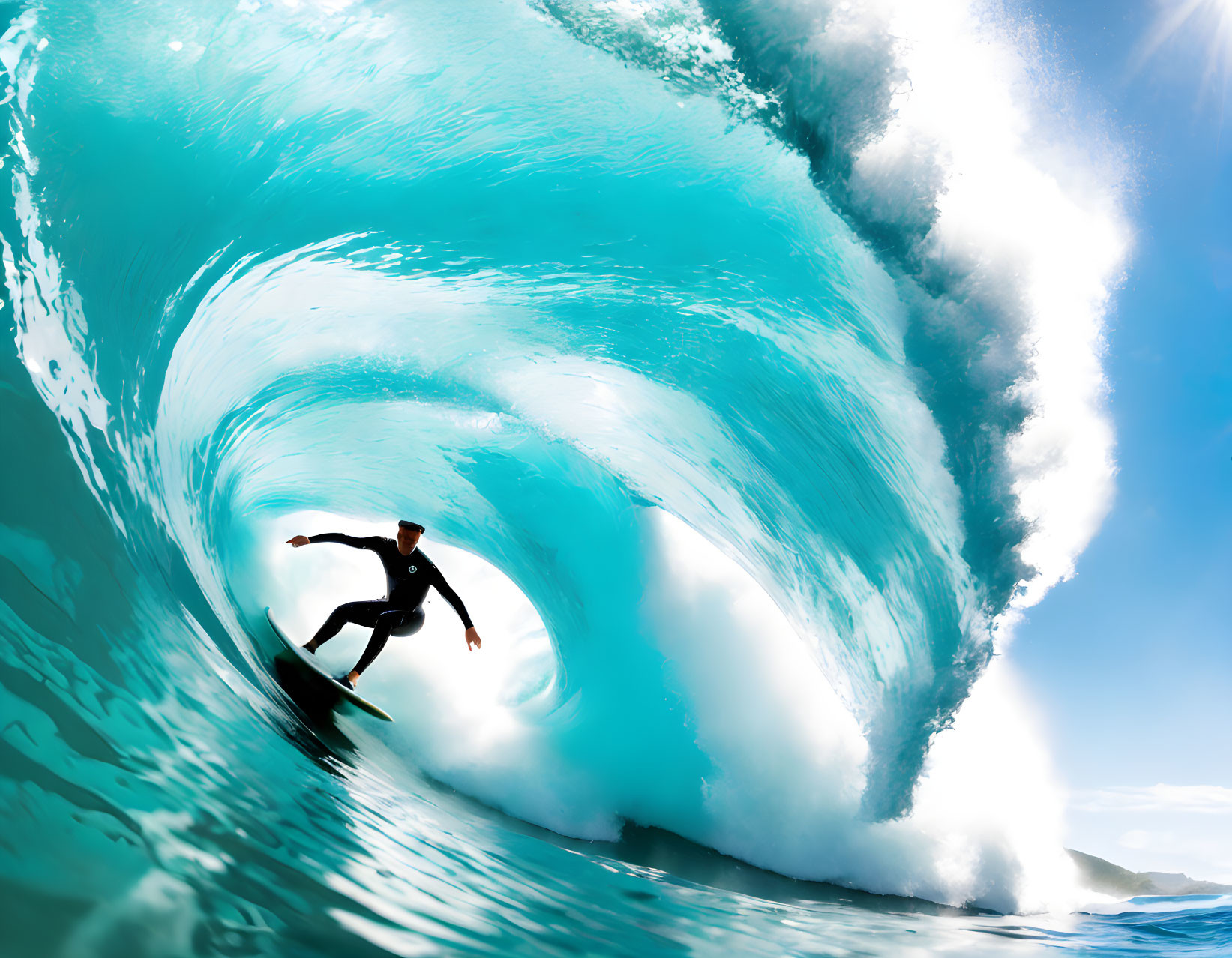 Surfer Riding Large Turquoise Wave Against Clear Sky