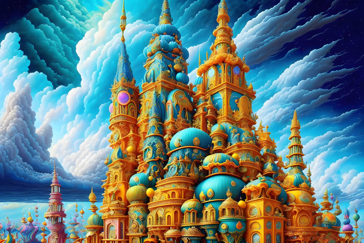 Ornate castle with blue and gold domes under dramatic sky