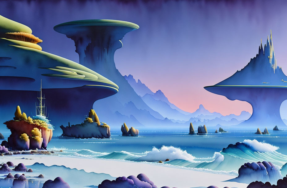 Surreal landscape with floating islands and stylized mountains