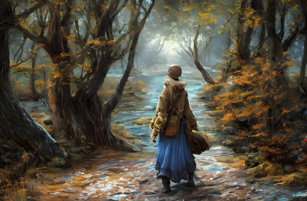 Person in vintage clothing strolls in misty autumn forest with bare trees and stream