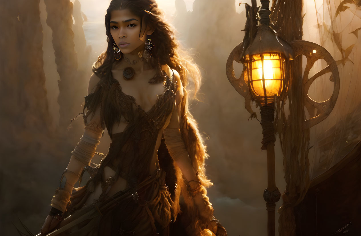 Warrior woman in fur and leather armor with lantern in craggy landscape