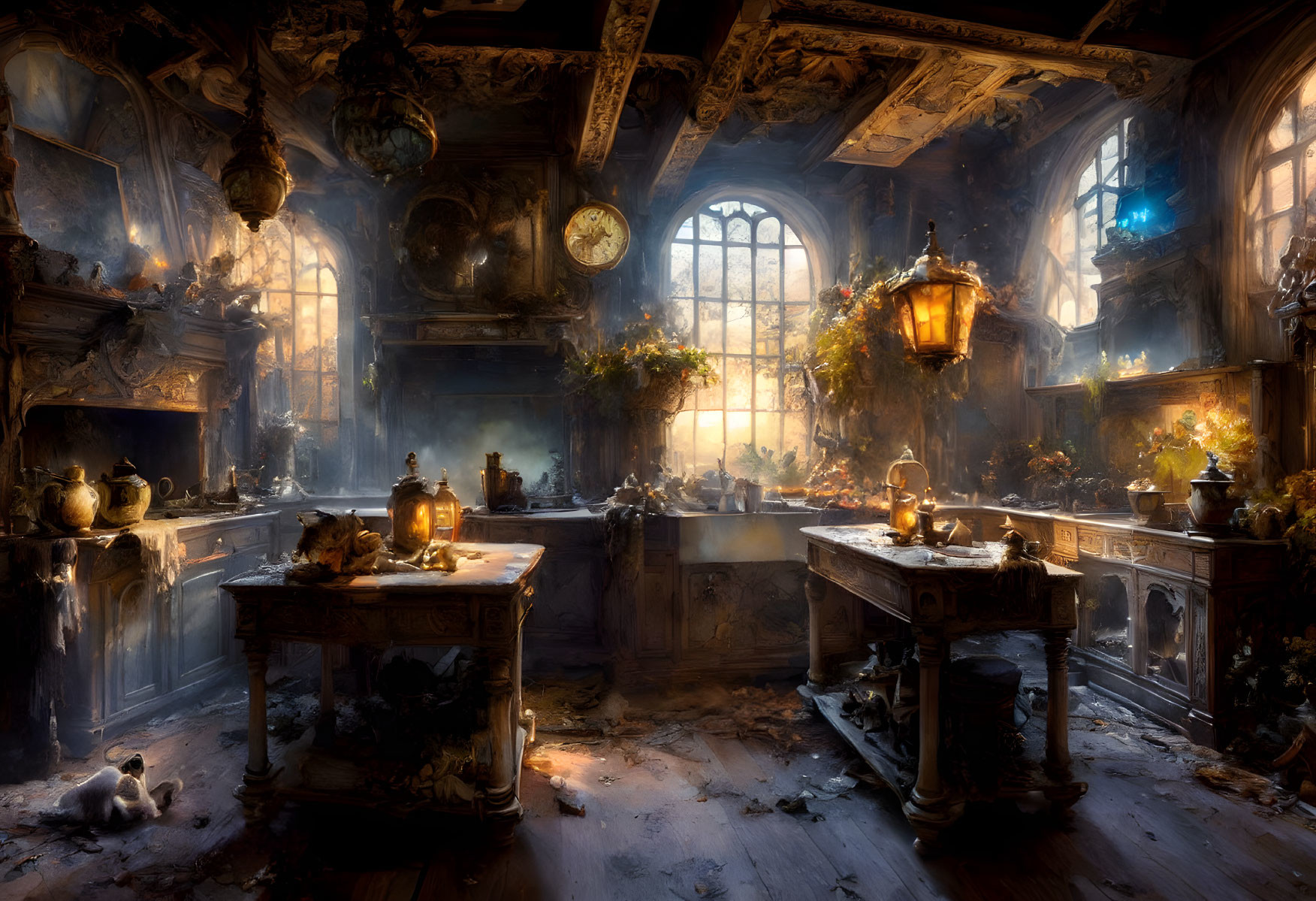 Enchanted room with chandeliers, sunlight, antique furniture & curios