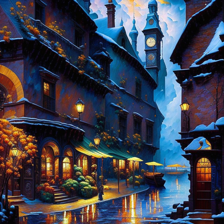 Snowy Evening Scene: Cobblestone Street, Clock Tower, Boat, Illuminated Buildings