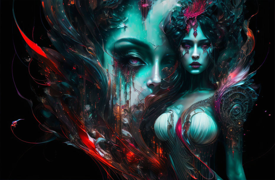 Vibrant surreal artwork: Woman with flowing cosmic hair