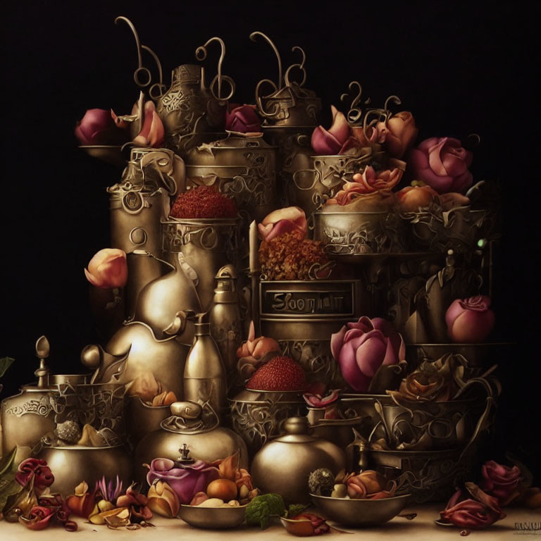 Metallic teapots, cups, and bowls with roses and fruits on dark background