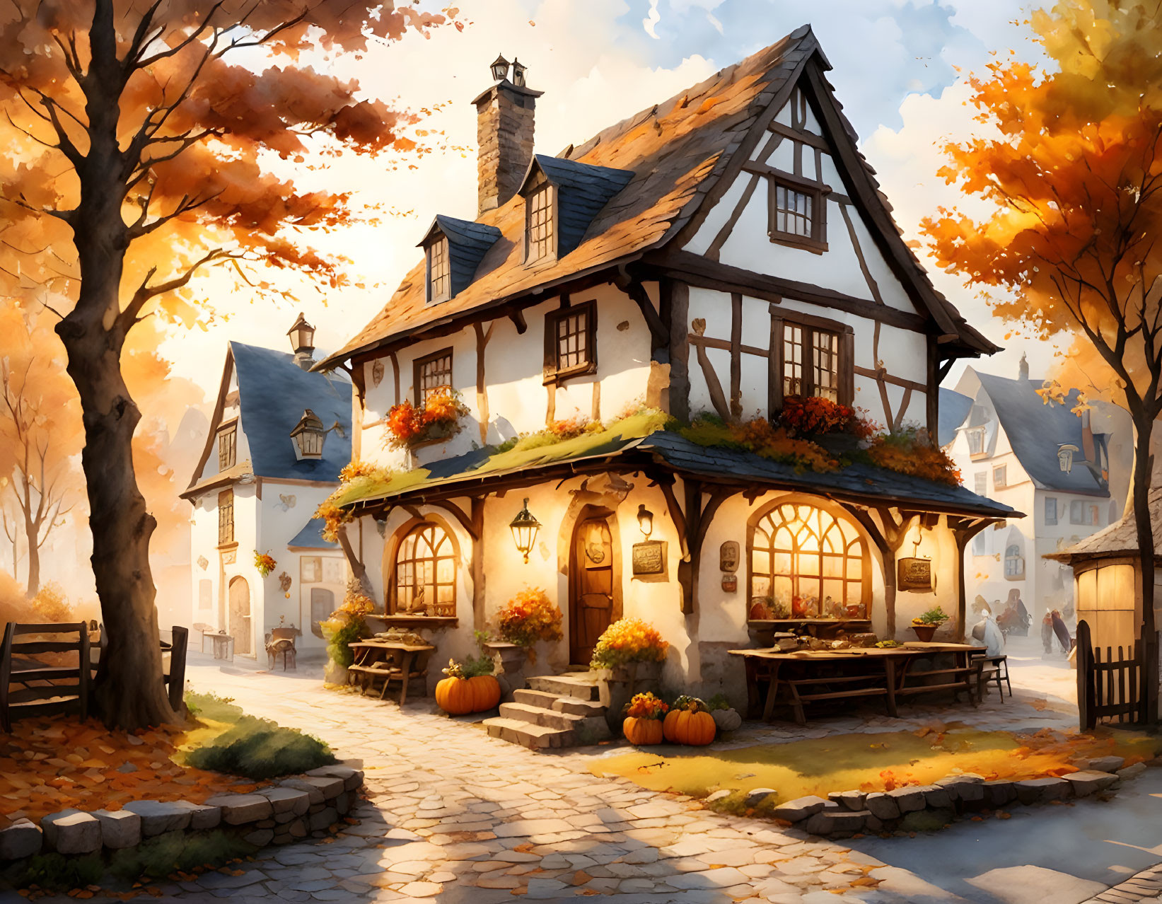 Thatched Roof Countryside House in Autumn Setting