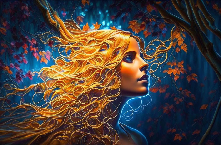 Digital Art: Woman with Golden Hair in Autumn Forest