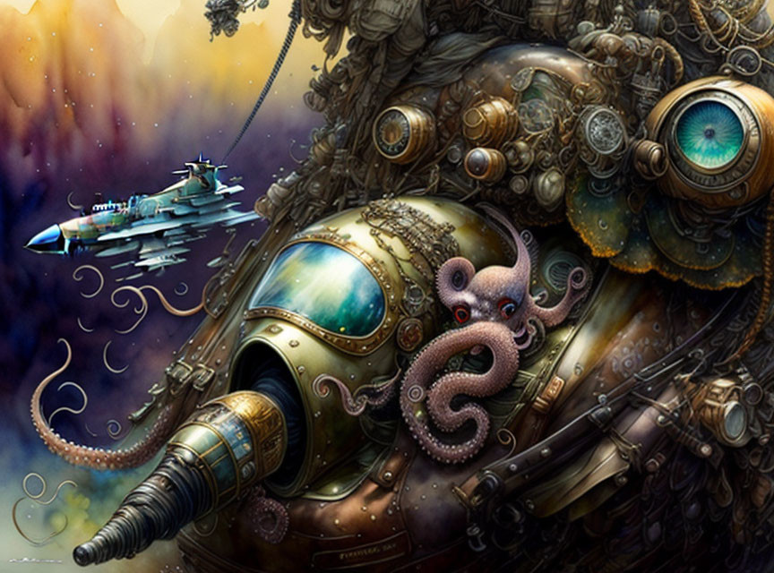 Steampunk Artwork: Octopus in Diving Helmet with Gears and Spaceship