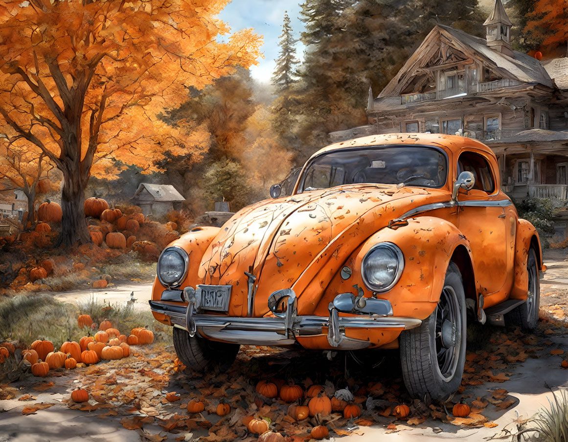 Classic Car Surrounded by Pumpkins in Autumn Setting