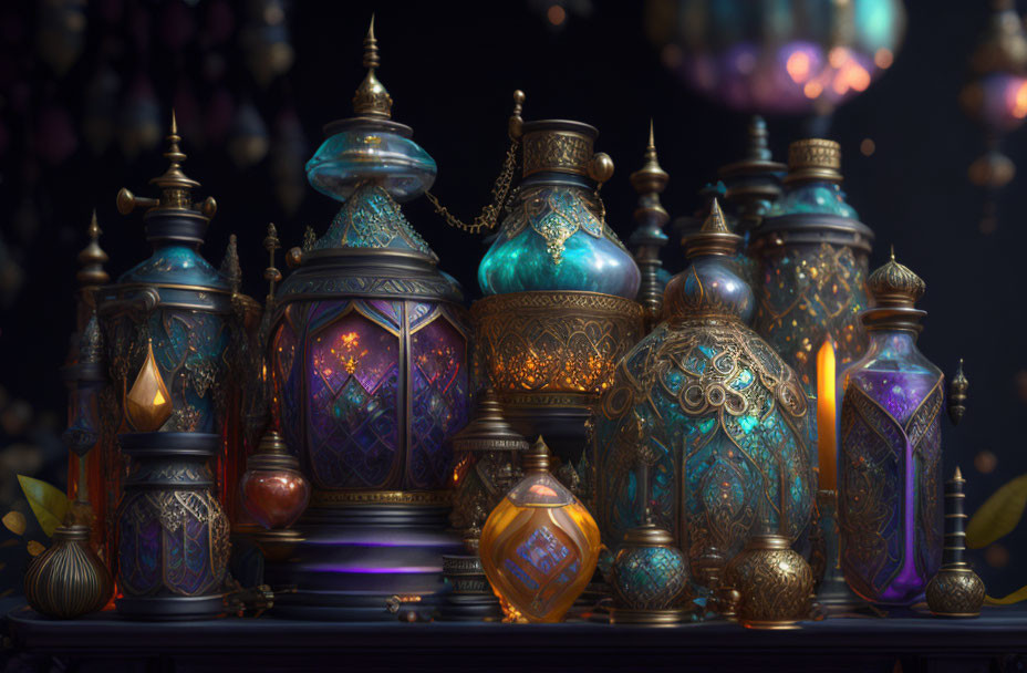 Colorful lanterns with ornate patterns glowing against a bokeh-lit background