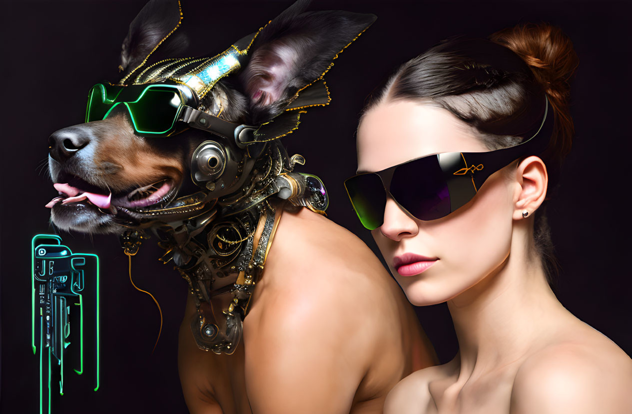 Futuristic woman and robot dog in sunglasses and accessories