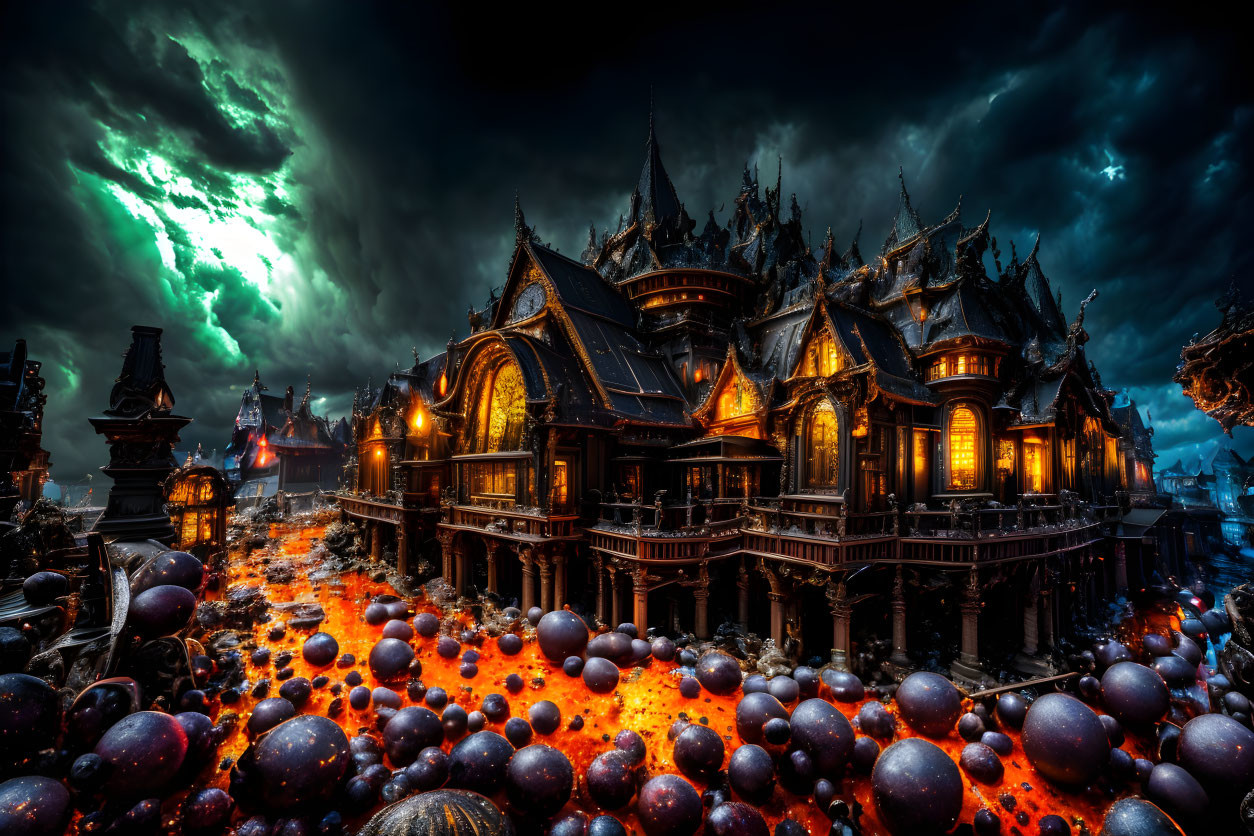 Fantasy castle in stormy sky with glowing windows and dark objects