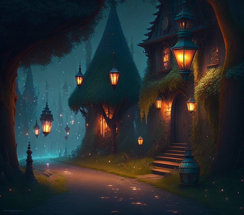 Mystical nighttime pathway with glowing lanterns and treehouse in enchanting forest