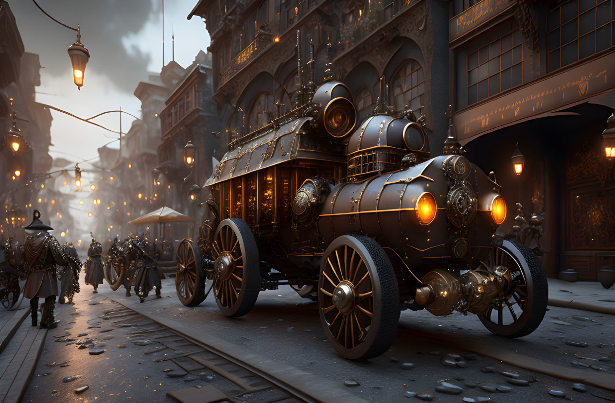 Steampunk-style vehicle on old-time street with Victorian pedestrians and misty background