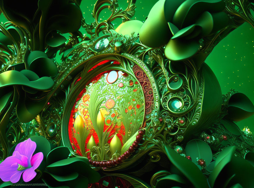 Colorful digital artwork: intricate green pattern with magenta flower