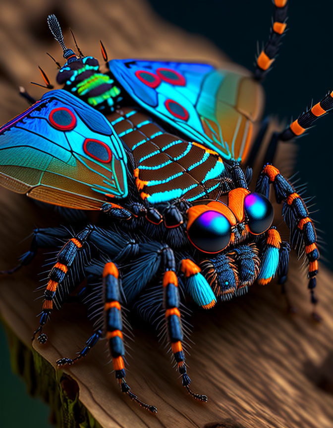 Colorful Digital Spider with Butterfly Wing Patterns on Wood Surface