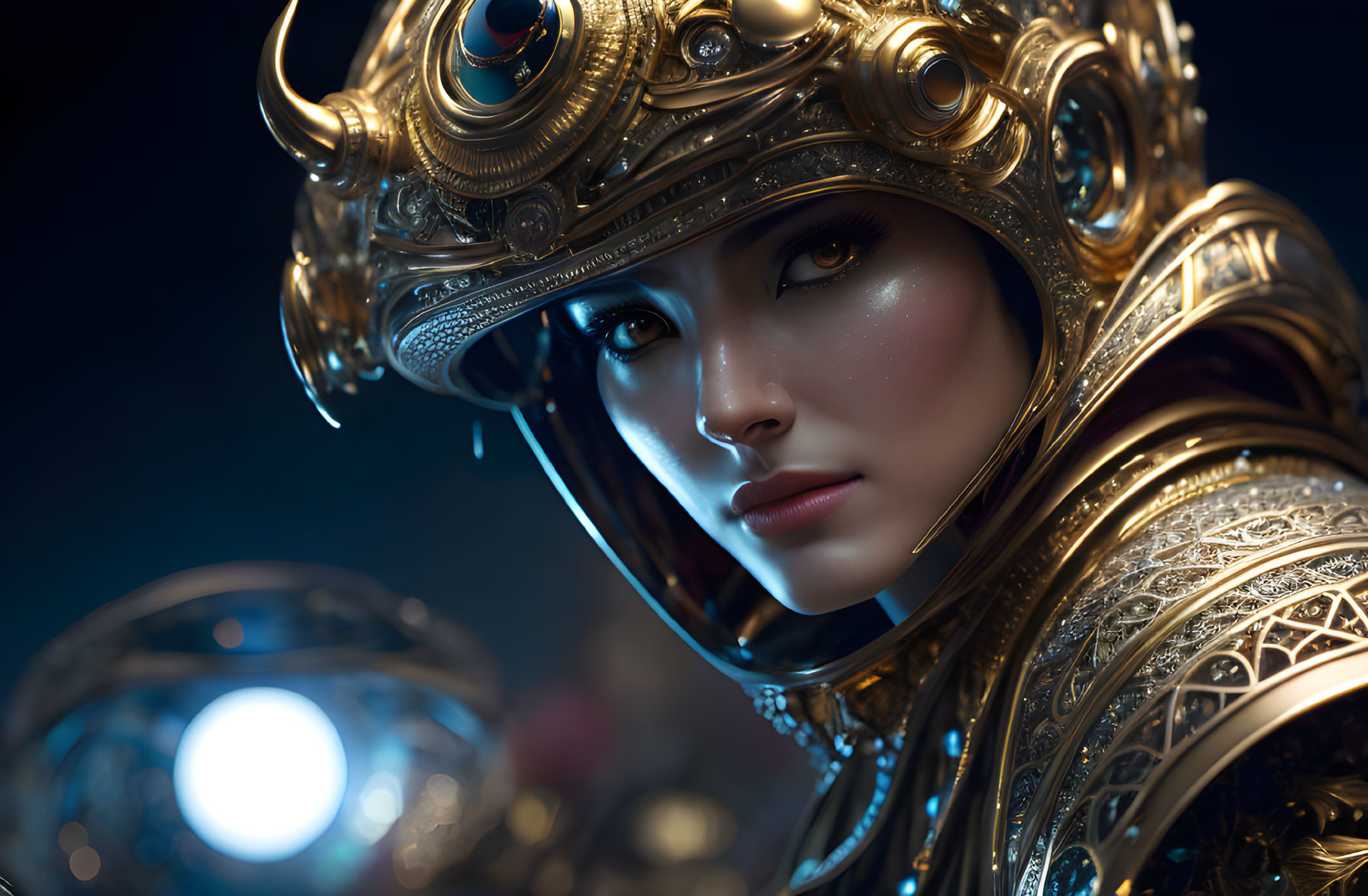 Detailed futuristic helmet with woman in striking makeup and armor, glowing orb.