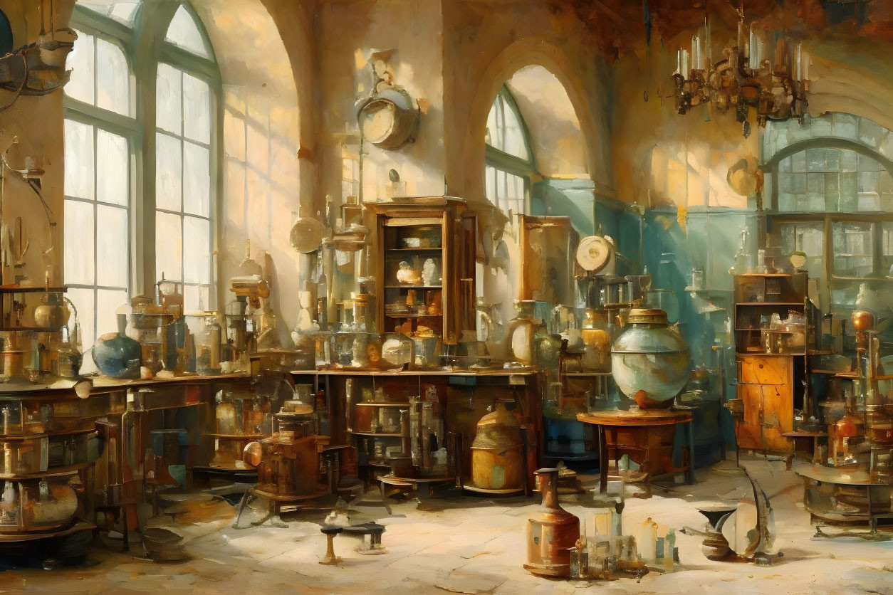 Vintage laboratory with scientific equipment and large windows.