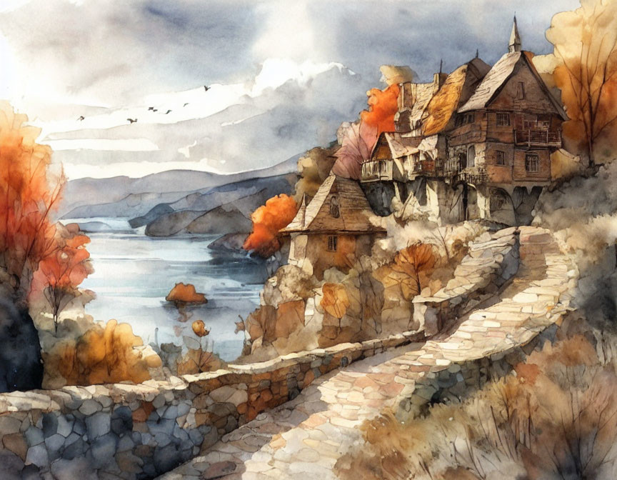 Rustic autumnal landscape with stone path and lake houses