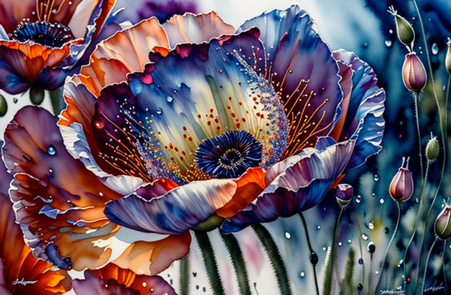 Colorful painting of blue and orange poppies with water droplets and fine details.