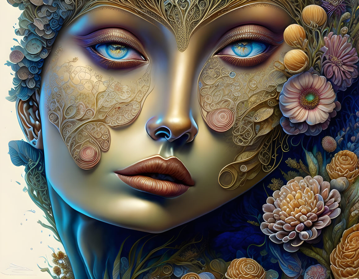 Detailed digital artwork: Woman's face with metallic skin and floral motifs